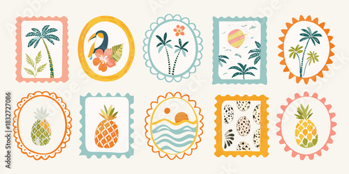 Collection of tropical summer themed decorative stamps with palm trees and pineapples