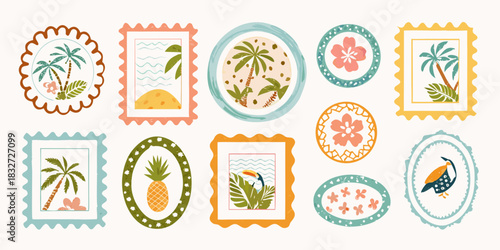 Tropical stamps with palm trees flowers pineapple and toucan illustration