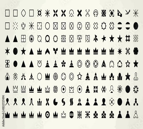 Collection of various simple black and white geometric shape icons, symbols, and dingbats for design use, isolated on white background