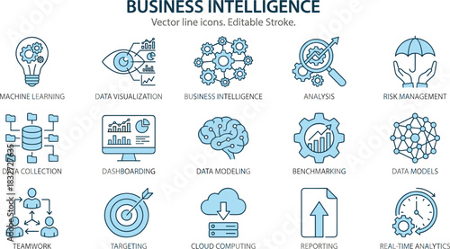 Ultimate Business, Technology, Healthcare, Charity, and Sustainability Outline Icon Set Representing Data, AI, Risk Management, Social Support, and Environmental Concepts