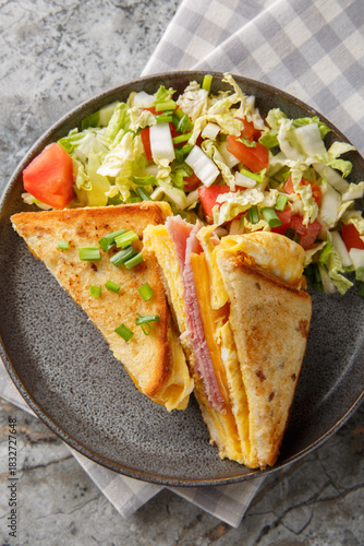 One-Pan Egg Sandwich with ham and cheese closeup on the plate on the table. Vertical top view from above