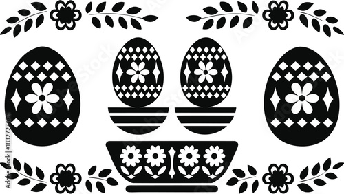 Decorative black and white easter eggs adorned with floral patterns and geometric designs framed by elegant floral branches and leaves perfect for festive celebrations and spring themes