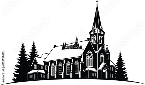 Black and White Monochrome Vector Illustration of a Classic Church Building with Tall Steeple and Cross, Surrounded by Pine Trees, Religious and Architectural Design Element