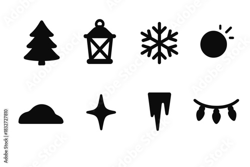 Enchanted Winter Icons. Enchanted winter woods. Filled icon set of Enchanted winter woods: pine tree, lantern,