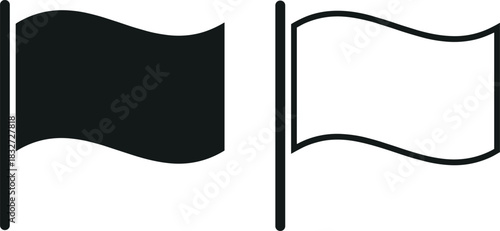 Waving Flag Outline and Solid Silhouette Set on Pole, Achievement Goal Location Symbol, Finish Line Mark or Country Marker Graphic