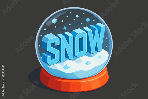 Isometric Snow Globe. Snow globe close-up. isometric 3D lettering, bold blocky crystalline forms with angled