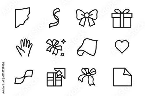 Gift Icon Set. Gift unwrapping. Line outline icon set of Gift unwrapping: torn paper, ribbon curl, bow outline