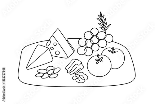 Minimalist Holiday Platter. Cozy holiday bites. Minimalistic one-line drawing platter with cheeses, nuts, and