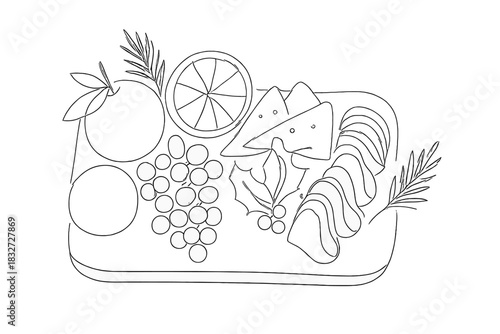 Minimalist Grazing Board. Holiday grazing board. Minimalistic one-line drawing assortment of winter fruits,