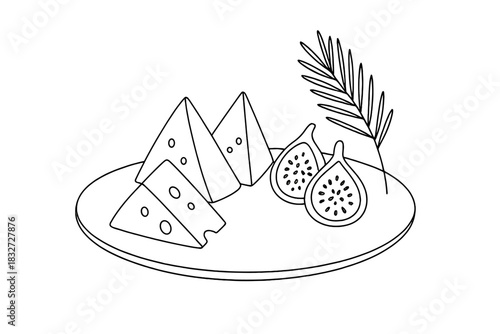 Minimalistic Charcuterie Illustration. Seasonal charcuterie. Minimalistic one-line drawing platter with cheese