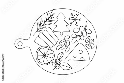 Minimalist Charcuterie Art. Winter charcuterie board. Minimalistic one-line drawing platter with cheese,