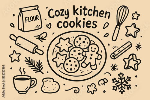 Cozy Kitchen Treats. Cozy kitchen cookies. Hand-drawn doodle illustration of Cozy kitchen cookies. Central