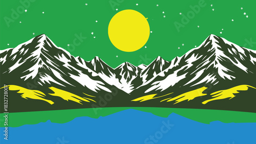 Snow-capped mountains calm lake green starry sky bright yellow sun digital landscape