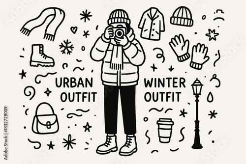 Urban Winter Fashion. Urban winter outfit photography. Hand-drawn doodle illustration of Urban winter outfit