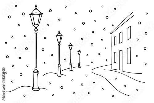 Minimalist Snowy Avenue. Winter snowfall avenue. Minimalistic one-line drawing street lamps and building