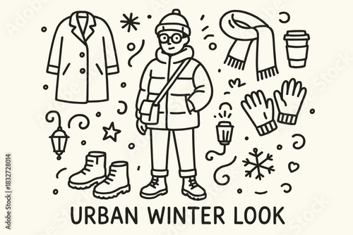 Urban Winter Style. Urban winter look. Hand-drawn doodle illustration of Urban winter look. Central doodle