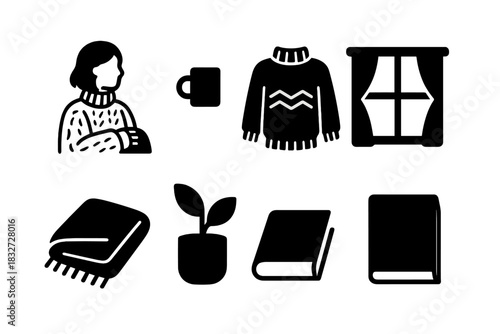 Cozy Sweater Icons. Cozy sweater portrait near window. Filled icon set of Cozy sweater portrait near window: