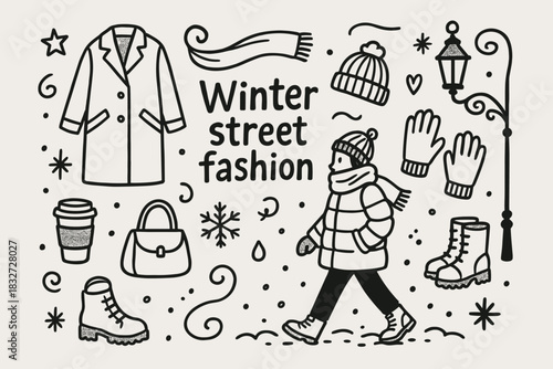 Winter Street Fashion Doodles. Winter street fashion. Hand-drawn doodle illustration of Winter street fashion.