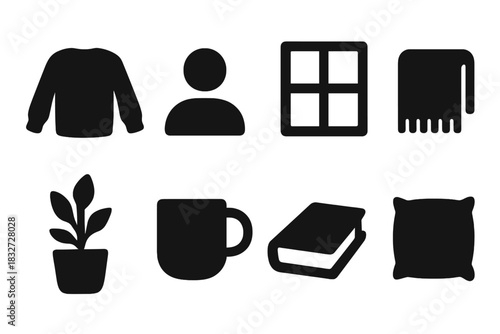 Cozy Home Icons. Cozy home scene. Filled icon set of Cozy home scene: sweater, person, window frame, blanket,