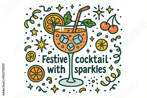 Sparkling Festive Cocktail. Festive cocktail with sparkles. Hand-drawn doodle illustration of Festive cocktail