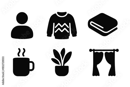 Hygge Icons Collection. Hygge indoor vibes. Filled icon set of Hygge indoor vibes: person, cozy sweater,