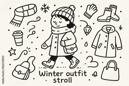 Winter Outfit Doodle. Winter outfit stroll. Hand-drawn doodle illustration of Winter outfit stroll. Central