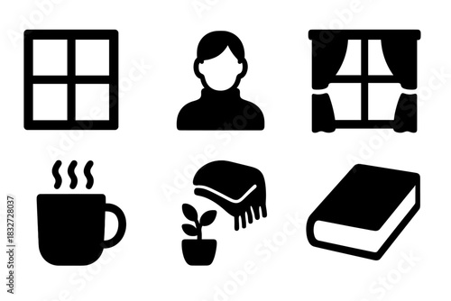 Winter Icon Set. Winter light portrait. Filled icon set of Winter light portrait: window frame, person,