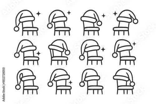 Santa Hat Icons. Santa’s hat on a chair. Line outline icon set of Santa’s hat on a chair: Santa hat, chair