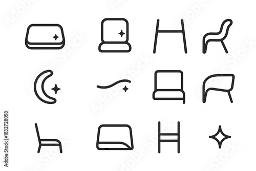 Chair Detail Icons. Chair details. Line outline icon set of Chair details: seat cushion, backrest, chair legs,