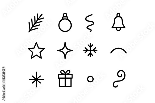 Minimal Winter Icons. Winter decor. Line outline icon set of Winter decor: pine sprig, small ornament, ribbon