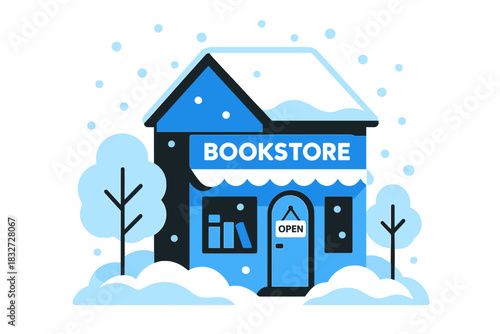 Snowy Bookstore Haven. Cozy Bookstore in Snowy Street. Flat minimalist vector illustration of a Cozy Bookstore