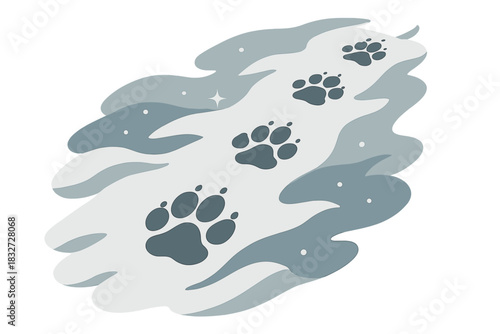 Footprints in Snow. Frozen trail. A series of footprints from a wolf or lynx, snow drifting softly around;