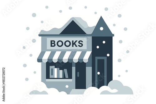 Snowy Bookstore Scene. Snowy Street Storefront. Flat minimalist vector illustration of a Snowy Street