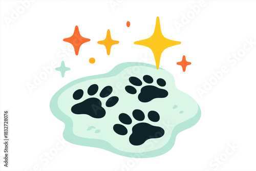 Magical Paw Prints. Animal prints vignette. Close-up of paw prints in icy snow, abstract spark shapes hovering