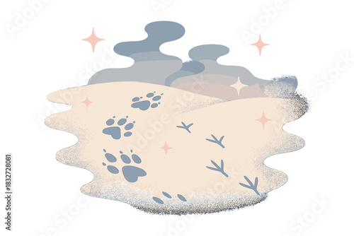 Frosty Footprint Trail. Morning frost footprints. Fresh tracks of foxes and birds, soft mist rising, floating