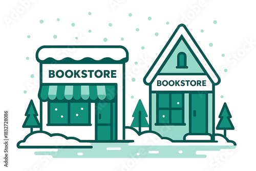 Winter Bookstore Street. Winter Bookstore Street. Flat minimalist vector illustration of a Winter Bookstore