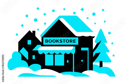 Snowy Village Bookstore. Snowy Village Bookstore. Flat minimalist vector illustration of a Snowy Village