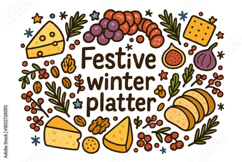 Festive Winter Platter. Festive winter platter. Hand-drawn doodle illustration of Festive winter platter.