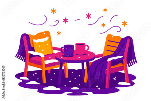 Cozy Winter Terrace. Cozy winter terrace. Cushions and blankets rest on snow-dusted chairs, steaming mugs on a