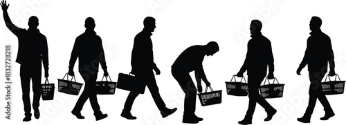 Black vector silhouettes of diverse men carrying empty shopping baskets in various walking and reaching poses, symbolizing shopping, commerce, consumerism, e-commerce, and retail business gra