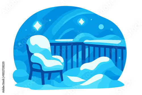 Winter Balcony Glow. Winter balcony scene. Snow drifts across chairs and a railing, soft light arcs create a