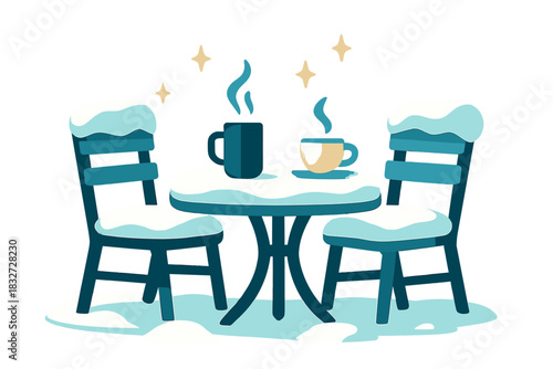 Cozy Winter Dining. Winter outdoor dining. Snow-covered chairs and table with warm drinks, tiny spark icons