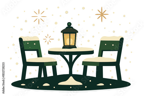 Lantern-lit Snowy Patio. Snowy evening patio. Chairs and a table bathed in soft lantern glow, snowflakes and