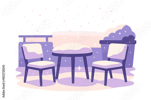 Snowy Patio Morning. Morning snow patio. Early sunlight reflects on snow-covered furniture, snowflakes