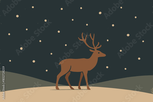 Lone Reindeer Stroll. Night snow wanderer minimalist flat illustration of a lone reindeer under a dark sky
