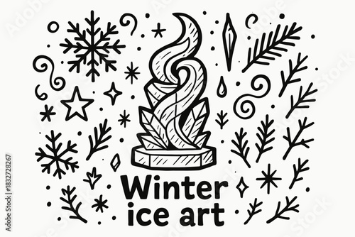 Winter Ice Sculpture. Winter ice art. Hand-drawn doodle illustration of Winter ice art. Central doodle