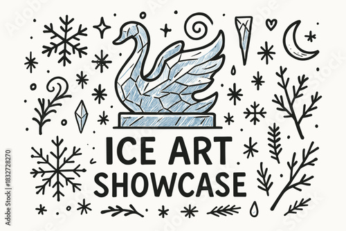 Ice Art Showcase. Ice art showcase. Hand-drawn doodle illustration of Ice art showcase. Central doodle (large