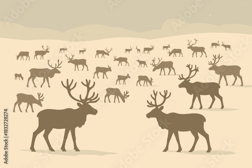 Reindeer on Snowy Plains. Winter herd minimalist flat illustration of multiple reindeer silhouettes scattered