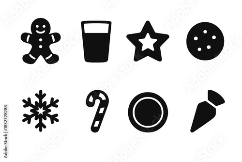 Cozy Holiday Icons. Cozy holiday snack. Filled icon set of Cozy holiday snack: gingerbread man, milk glass,