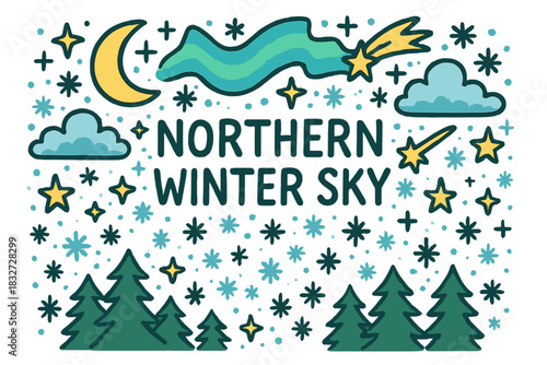 Northern Winter Wonder. Northern winter sky. Hand-drawn doodle illustration of Northern winter sky. crescent